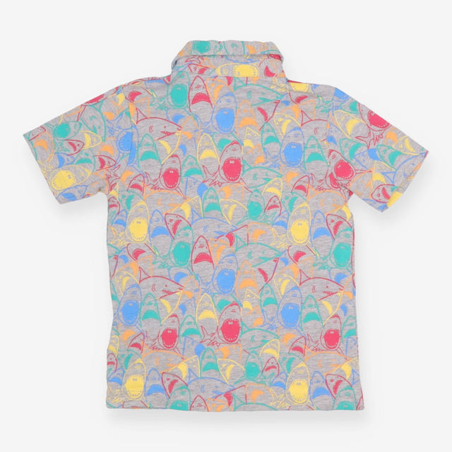 Grey polo with colourful sharks