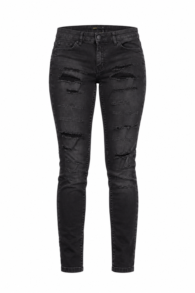 Black Heavily Distressed Slim Leg Jeans