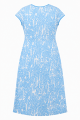 Dress Light Blue White Leaf Print V-Neck Short Sle