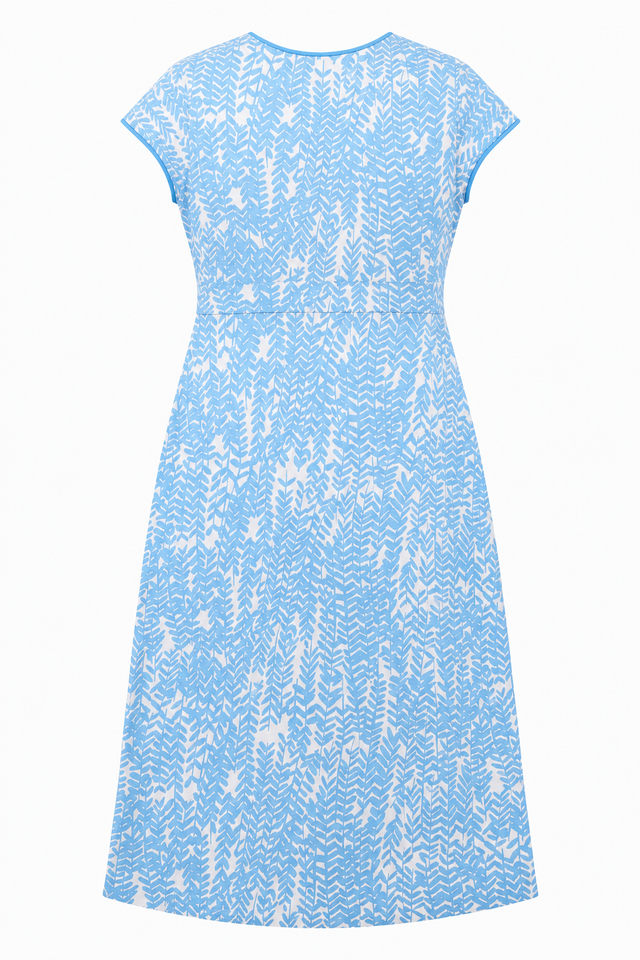 Dress Light Blue White Leaf Print V-Neck Short Sle