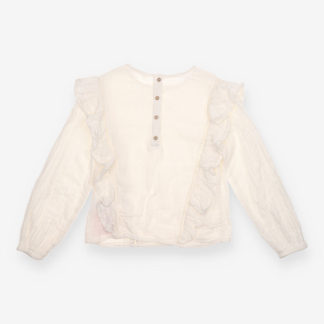 Blouse white muslin frill shoulder LS