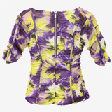Top Yellow Purple Print Ruched Square Neck