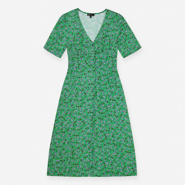Maxi Dress Green Purple Berry Print Button Front
