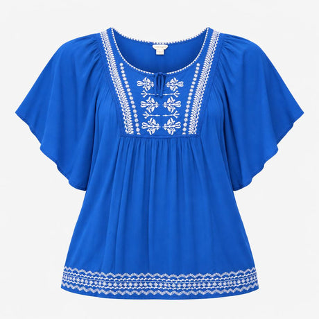 Cobalt Royal Blue 100% Viscose White Folk Embroide