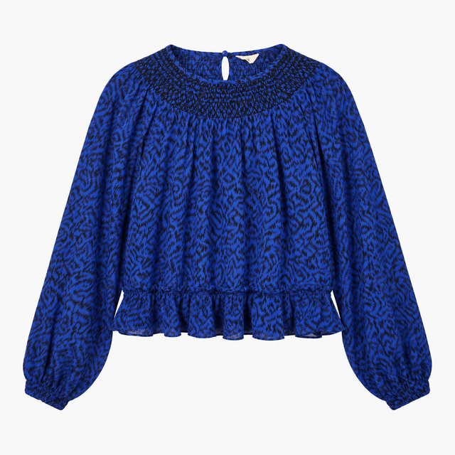 Blouse Smocked Neck Long Sleeve Animal Print