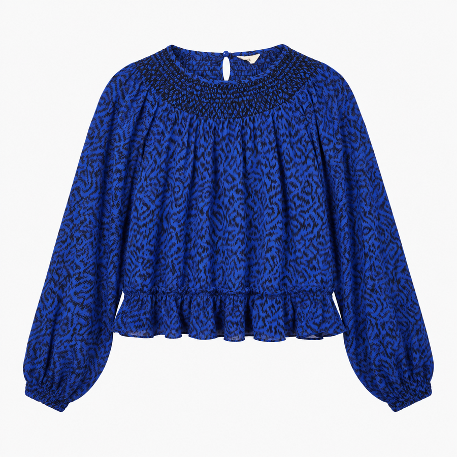 Blouse Smocked Neck Long Sleeve Animal Print