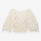 Blouse Ecru Tonal Embroidered Smocked Waist Balloo