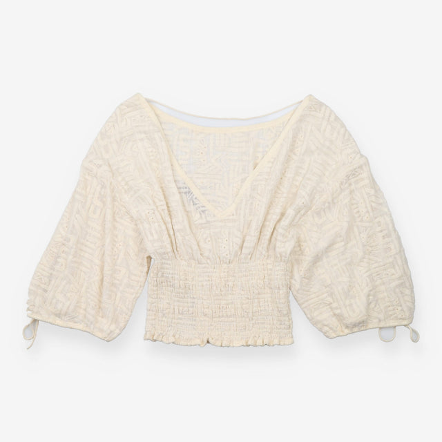 Blouse Ecru Tonal Embroidered Smocked Waist Balloo