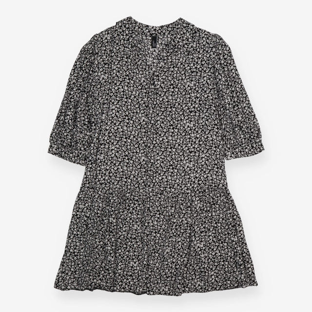 Tunic Blouse Black Ditsy Floral Print Puff Sleeve