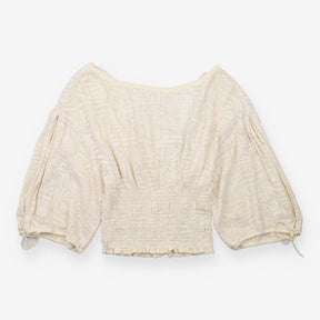 Blouse Ecru Tonal Embroidered Smocked Waist Balloo