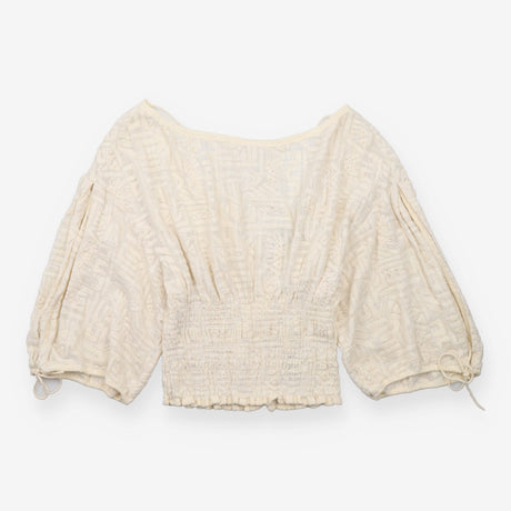 Blouse Ecru Tonal Embroidered Smocked Waist Balloo