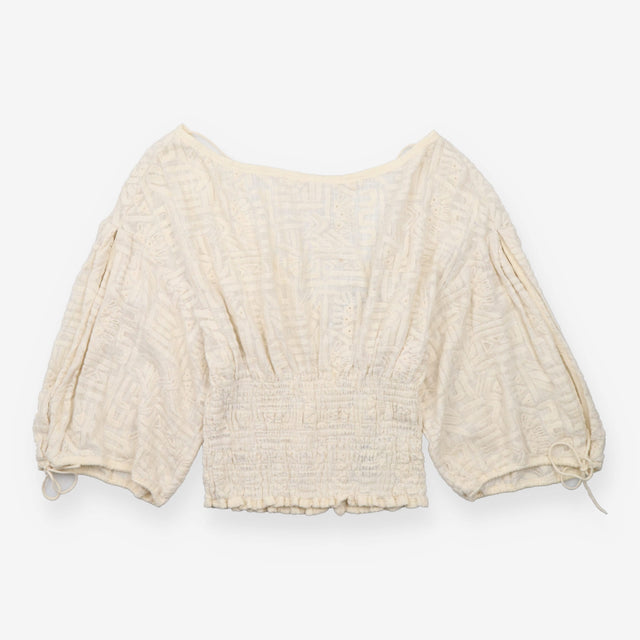 Blouse Ecru Tonal Embroidered Smocked Waist Balloo