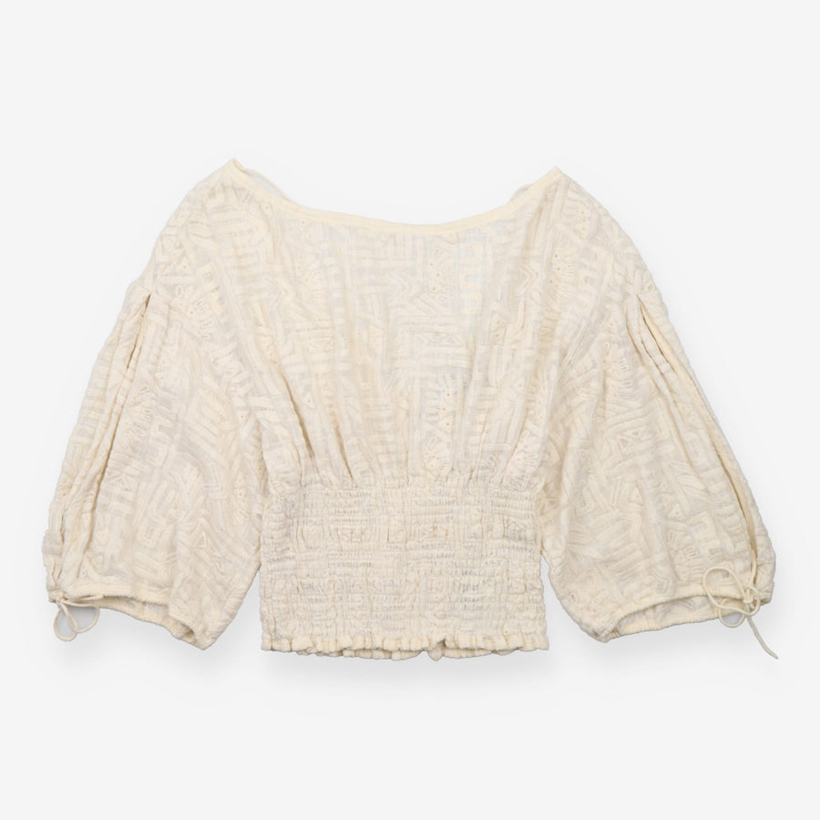 Blouse Ecru Tonal Embroidered Smocked Waist Balloo