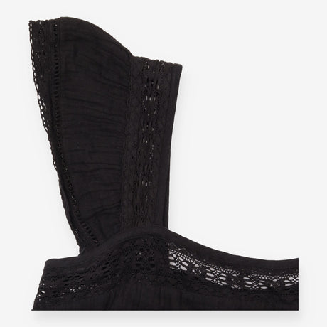 Dress Midi Cotton Lace Tiered Black Cap Sleeve