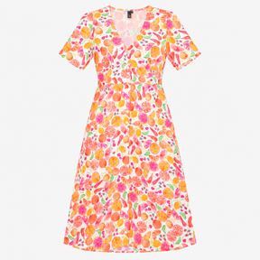 Dress White Citrus Cherry Print V Neck Midi