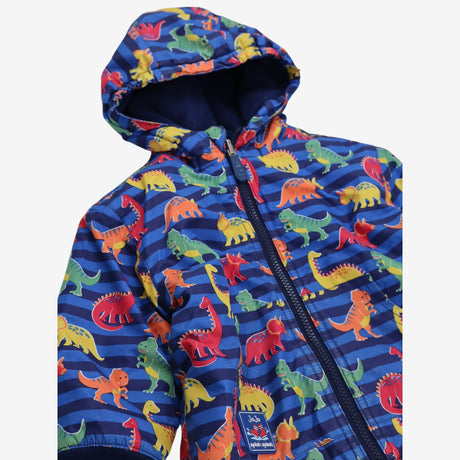 Coat Fleece Lined Blue Stripe Dinosaur Print