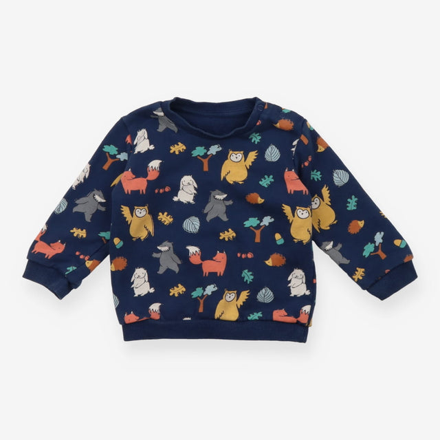 Navy sweater with woodland animal print