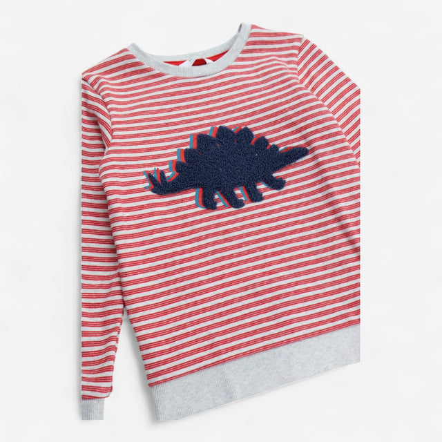 Sweater Red and Grey Stripe with Dinosaur Applique