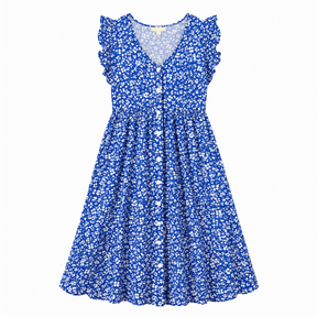 Dress Blue White Floral Print Short Sleeve