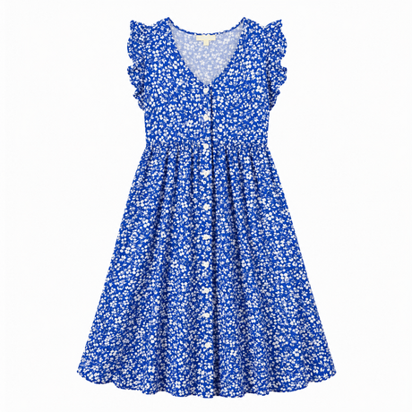 Dress Blue White Floral Print Short Sleeve