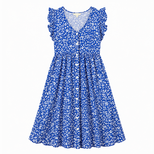 Dress Blue White Floral Print Short Sleeve