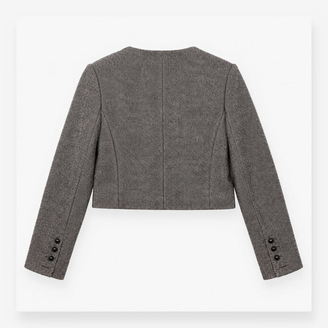 Grey Wool Blend Cropped Tweed Jacket