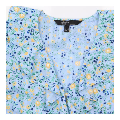 Light Blue Floral Ruffle Collar Short Sleeve Blous