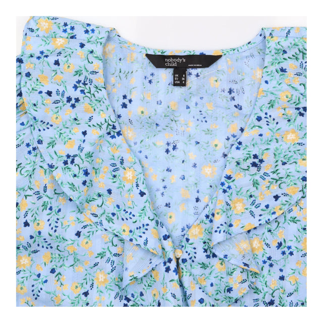 Light Blue Floral Ruffle Collar Short Sleeve Blous