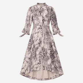 Grey Ivory Snake Print Tie Cuff Midi Shirt Dress