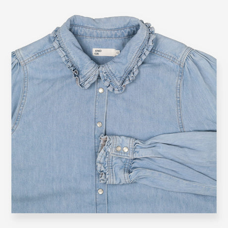 And/ Or Denim Shirt Frill Collar Popper Button Blo