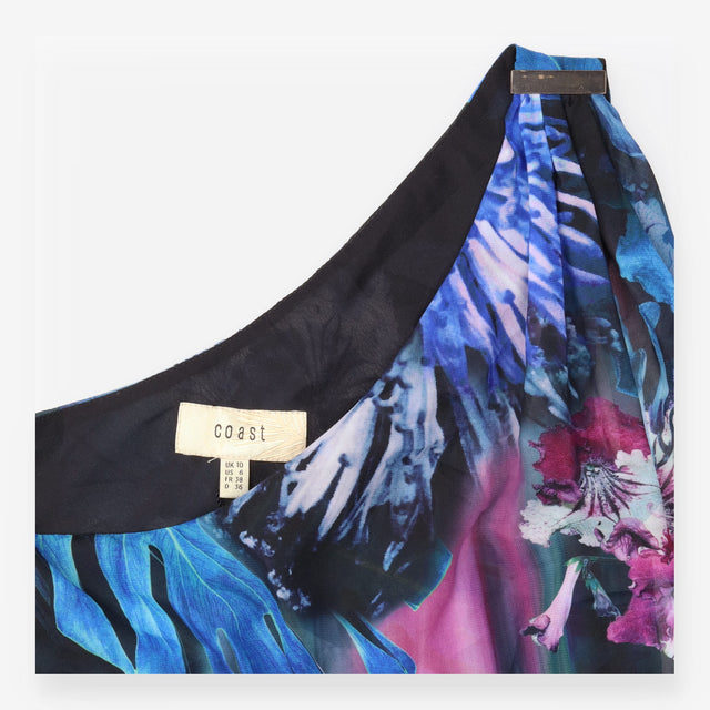 Floral One Shoulder Chiffon Maxi Dress Black Blue