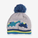 Grey knit dino hat yellow and green stripes