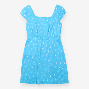 Mini Dress Turquoise Palm Print Puff Sleeve Fitted