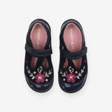 T Bar shoes navy blue flowers suede patent toe