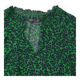 Blouse Green Animal Print Shirred Waist Long Sleev