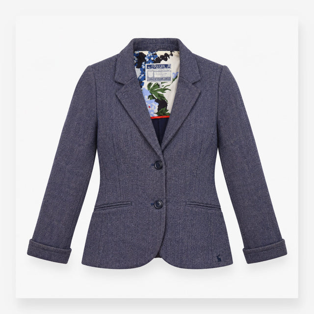 Herringbone Blazer Jacket in Blue with Floral Lini