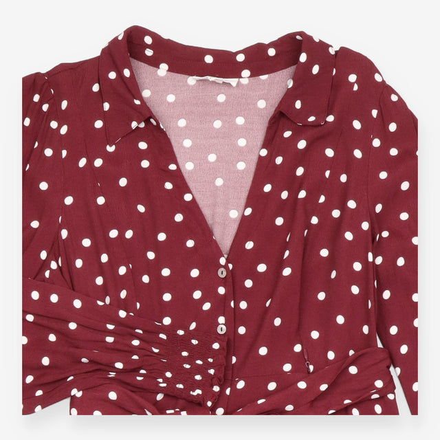 Burgundy Polka Dot Maternity Midi Shirt Dress