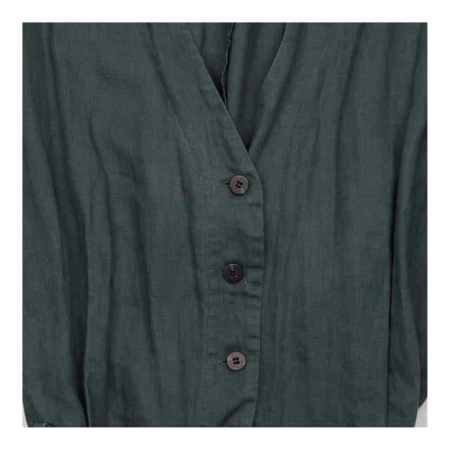 Jumpsuit Dark Green Pure Linen Belted Short Sleeve