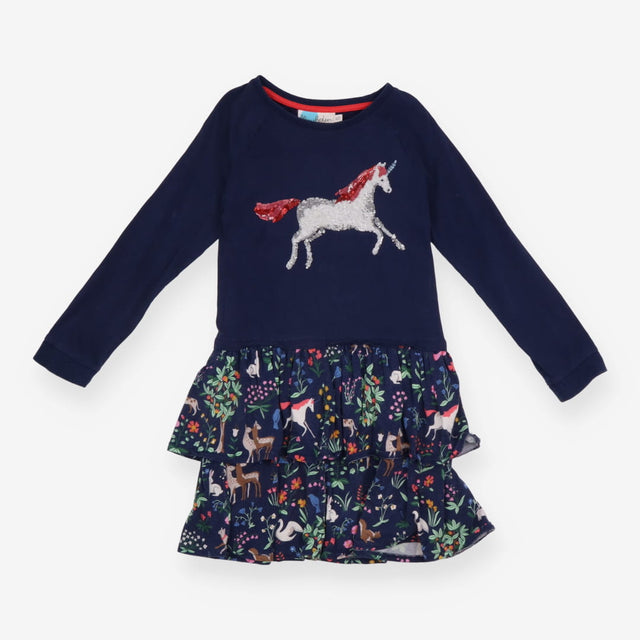 Navy LS dress with sequin unicorn and floral skirt