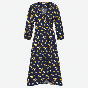 Floral Print V-Neck Wrap Long Sleeve Woven Midi Dr