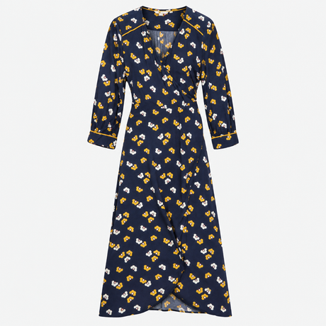 Floral Print V-Neck Wrap Long Sleeve Woven Midi Dr