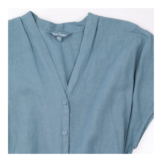 Midi Shirt Dress Teal Blue Linen V Neck Belted