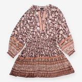 Midi Dress Brown Floral Pleated Smocked Waist Bord