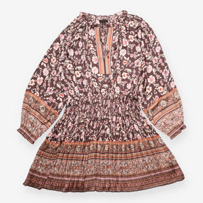 Midi Dress Brown Floral Pleated Smocked Waist Bord
