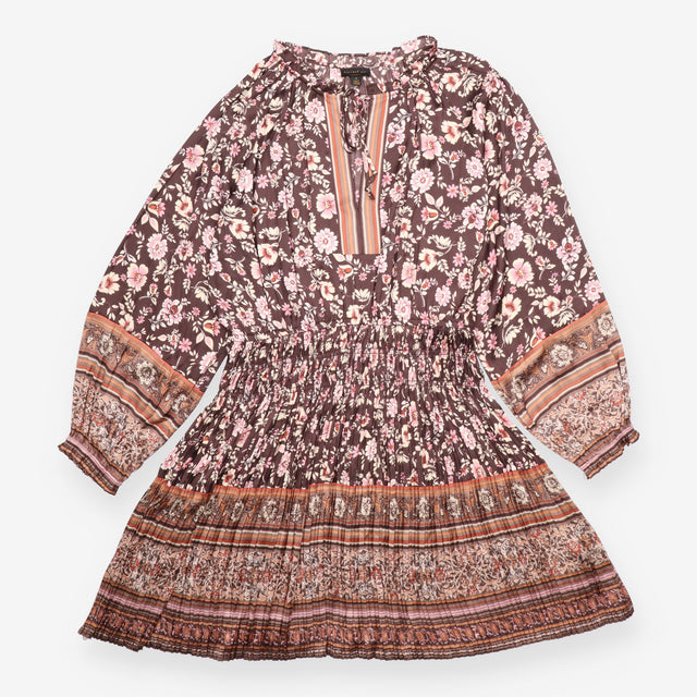 Midi Dress Brown Floral Pleated Smocked Waist Bord