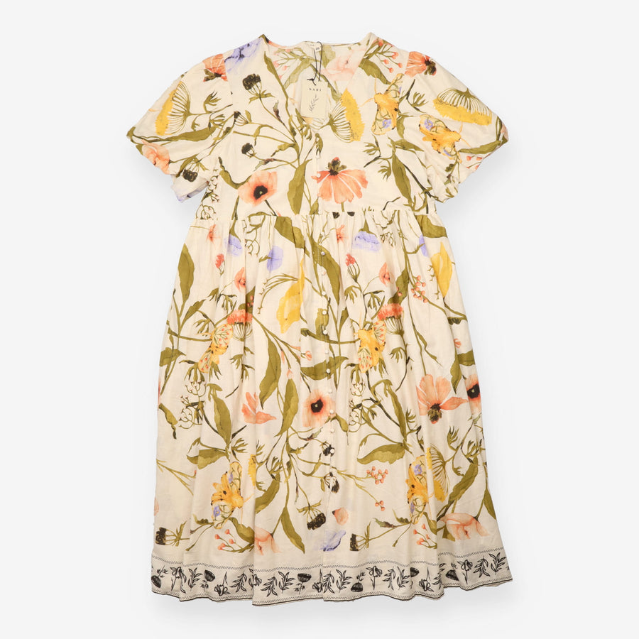 Midi Dress Cream Botanical Floral Button Front Puf