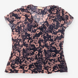 Floral Blouse Black Blush Draped Neck Short Sleeve