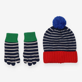 Knit Bobble Hat and Gloves Navy Stripe