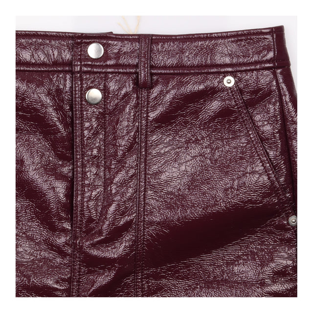 Faux Patent Leather Front Slit Midi Skirt Burgundy