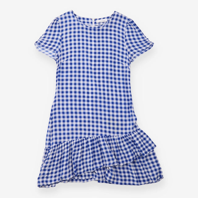 Mini Dress Blue White Gingham Check Ruffle Hem